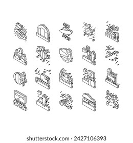 Space Base New Home Collection isometric icons set. Space Base Construction And Greenhouse, Planet Colonization And Building City Concept Linear Pictograms. Contour Color .