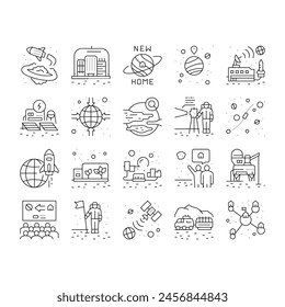 Space Base Neue Home Kollektion Symbole Vektorgrafik festlegen. Space Base Construction and Greenhouse, Planet Colonization und Building City Black Contour Illustrationen