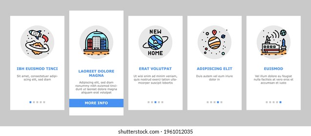 Space Base New Home Onboarding Mobile App Page Screen Vector. Space Base Construction And Greenhouse, Planet Colonization And Building City Illustrations