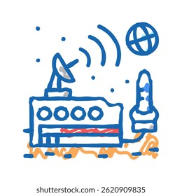 Base espacial que envía la señal en el Vector del bosquejo del icono del doodle de la tierra. Base espacial que envía la señal en el signo de la tierra