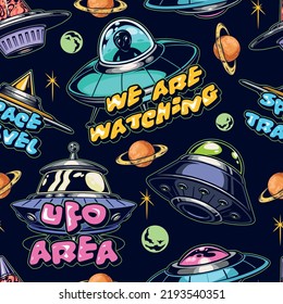 Space battle colorful vintage seamless pattern with flying saucers aliens UFO observing from star galaxy fantastic style vector illustration