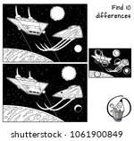 Space battle. Find 10 differences. Educational game for children. Black and white cartoon vector illustration