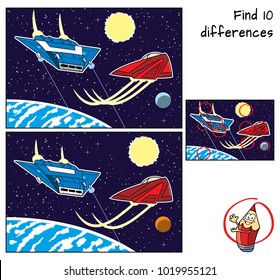 Space battle. Find 10 differences. Educational game for children. Cartoon vector illustration