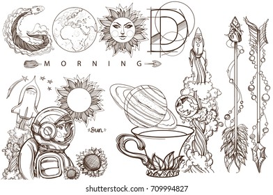 Space. Beautiful inscription: Good morning. A set of outline illustrations with sketches of tattoos.