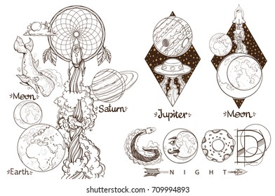 Space. Beautiful inscription: Good night. A set of outline illustrations with sketches of tattoos.