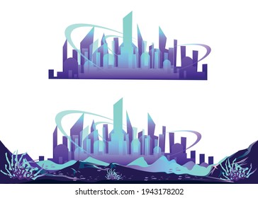 Space big alien city on a white background set in cartoon style. Space horizontal vector background illustration.