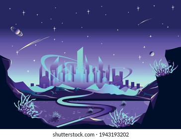 Space big alien city on the background of the surface of the planet with hills and mountains, starry sky and planets in cartoon style. Space horizontal vector background illustration.