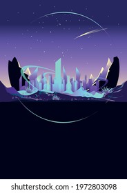 Space big alien city on the background of the surface of the planet with hills and mountains, starry sky and planets in cartoon style. Space horizontal vector background illustration.