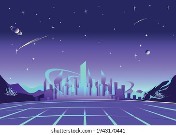 Espaciar gran ciudad en el fondo de la superficie del planeta con colinas y montañas, cielo estrellado y planetas al estilo de las caricaturas. Ilustración horizontal de fondo del vector espacial.