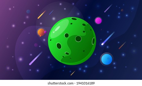 Space with big green planet comets planets and stars