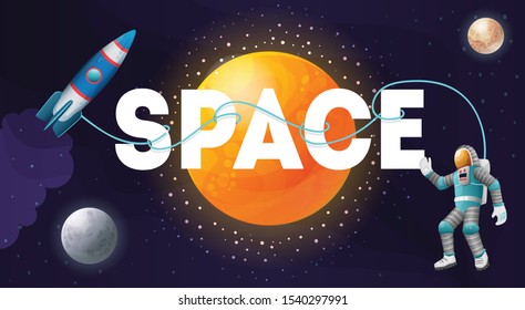 Space big white lettering composition with stars planets spacecraft and astronaut title header dark background vector illustration 