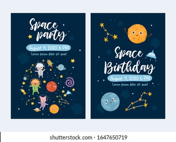 Space Birthday cards template set. Kids illustration with hand lettering text and different elements of cosmos. Astronaut animals. Cute character planets, sun, moon, stars, Milky Way.