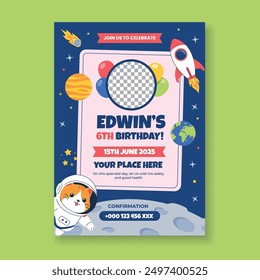 Space birthday party invitation flyer template with cat astronaut, moon, rocket vector illustration