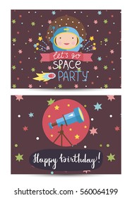 Space birthday party. Invitation to space party on birthday. Cute boy astronaut in helmet, telescope and cosmic background design greeting card.
