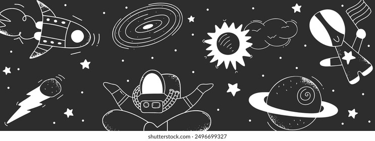 Space black background with contemporary doodle cosmic elements. Vector horizontal banner. Solar system, spaceship, starry sky, alien, Saturn. 