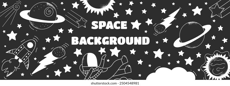 Space black background with contemporary doodle cosmic elements. Galaxy hand draw template with celestial elements. Vector horizontal banner.