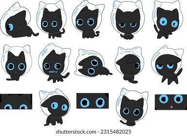 Space black cat. Cute character. Set of 15 illustrations. Set of vector illustrations.