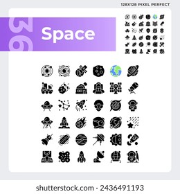 Space black pixel perfect black icons set on white space. Solar system. Astronomy science. Celestial bodies. Zero gravity. Silhouette symbols. Solid pictogram pack. Vector isolated illustration