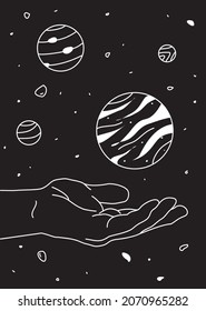 Space black postcard with universe in hands
