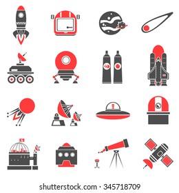 Space black and red icons set with comet spaceship satellite isolated vector illustration