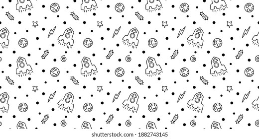 Patrón sin fisuras de doodle blanco y negro espacial - papel digital de línea dibujado a mano con espacio, estrellas, planeta y cohete, niños lindos fondo sin fisuras para textiles, scrapbooking, papel envolvente