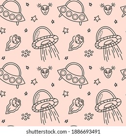 Patrón sin fisuras de doodle blanco y negro espacial - papel digital de línea dibujado a mano con espacio, estrellas, nave espacial, alien y ufo, niños lindos con fondo transparente para textiles, scrapbooking, papel envolvente