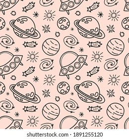 Space black and white doodle seamless pattern - hand drawn line digital paper with space, stars, planet, spaceship and ufo, cute kids seamless background for textile, scrapbooking, wrapping paper