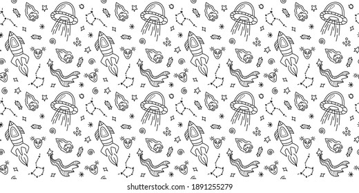 Space black and white doodle seamless pattern - hand drawn line digital paper with space, stars, spaceship, ufo and rocket, cute kids seamless background for textile, scrapbooking, wrapping paper