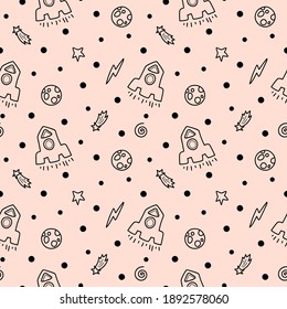 Space black and white doodle seamless pattern - hand drawn digital paper with space, stars, moon and rocket, kids celestial seamless background for textile, scrapbooking, wrapping paper