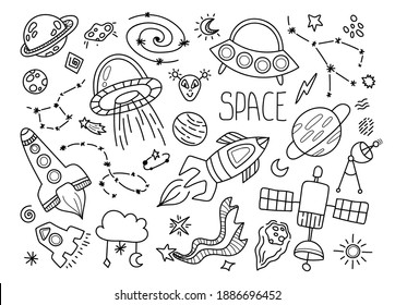 Conjunto de doodles en blanco y negro espacial - línea dibujada a mano artículos aislados con espacio, estrellas, galaxia, constelación, ufo, planeta, elementos lindos de niños vectores para el diseño en fondo blanco