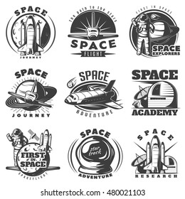 Space black white emblems of journeys and academies with astronaut shuttle scientific equipment isolated vector illustration