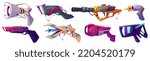 Space blaster guns, cartoon vector laser handguns weapon. Toys for kids, game ui or gui design elements, alien arms or child pistols and phasers isolated on white background, energy military arms set