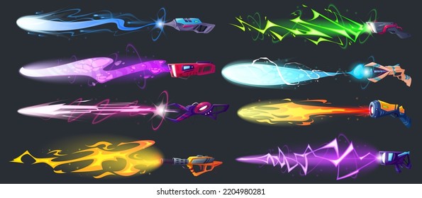 Space Blasters And Guns With Shoot Effect With Laser, Fire And Plasma Beams. Vector Cartoon Collection Of Futuristic Alien Weapons With Energy Rays, Lightning And Flash