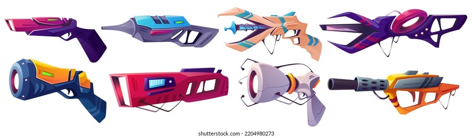 Space Blasters, Laser Guns, Futuristic Alien Weapons. Vector Cartoon Set Of Future Arms, Lazer And Plasma Pistols. Science Fiction Collection Of Cosmic Weapon Isolated On White Background