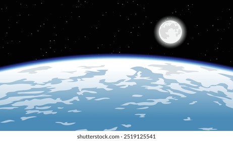 Espacio con una Tierra azul y nubes en primer plano y la luna muy lejos en el espacio y muchas estrellas tan lejos que parecen pequeñas estrellas.