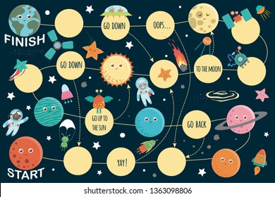 Space board game for children. Educational cosmic journey boardgame. Puzzle with planets, sun, earth, ufo, alien, rocket, stars
