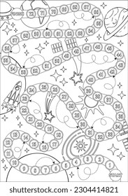 Space board game for kids coloring page. Space adventure board game with spaceship, stars, planets, tasks, rocket. Printed task or worksheet "Space game"