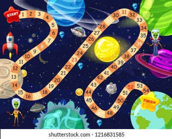 Space board game vector illustration. Rockets UFO and Aliens in space board game strategy kid cartoon design template or racing tabletop game with dice to start and finish route in space planets
