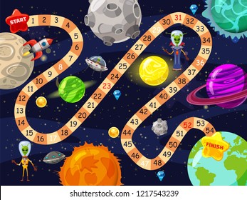 Space board game vector illustration. Rockets UFO and Aliens in space board game strategy kid cartoon design template or racing tabletop game with dice to start and finish route in space planets