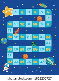 Space board game vector illustration. Rockets UFO and Aliens in space board game strategy kid cartoon design template or racing tabletop game with dice to start and finish route in space planets