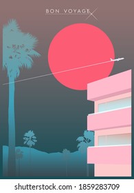 Space bon voyage motel in palm springs illustration, pink hotel, palm tree and big sunset with airplane in sky, light dark pastel print template summer vacation vibe