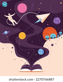 Space book imagination. Inspiring storybook galaxy environment and cosmos storytelling for school kids reading, learning education magic space universe vector illustration of space imagination book