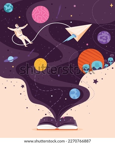 Space book imagination. Inspiring storybook galaxy environment and cosmos storytelling for school kids reading, learning education magic space universe vector illustration of space imagination book Stock photo © 