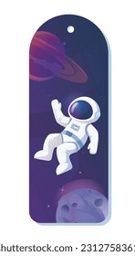 Space bookmark with rocket concept. Astronaut studies galaxies and universes. Planet and asteroid against background of starry sky. Cartoon flat vector illustration isolated on white background