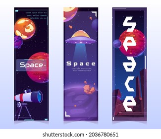 Space bookmarks with alien planets, spaceship and telescope on cosmos background. Vector vertical banners with cartoon illustration of dark sky with stars and ufo rocket