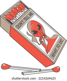 Cuadro de espacio de coincidencias con un acabado rojo. Un alien aparece representado en una caja de fósforos