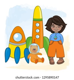 SPACE BOY Children Dream Game Cartoon Vector Illustration Set for Print, Fabric and Design.
