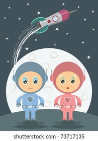 space boy and space girl with moon and rocket