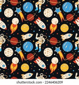 Weltraumjunge Muster, Astronaut und Planeten, Sterne und Raketen. Cute Galaxie, Kosmos Raumschiff, lustiges kindliches Universum. Deko-Textilien, Packpapier, Tapete, Vektorgrafik nahtlose Gärung-Design