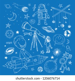 Space boy set, hand drawn vector illustration.